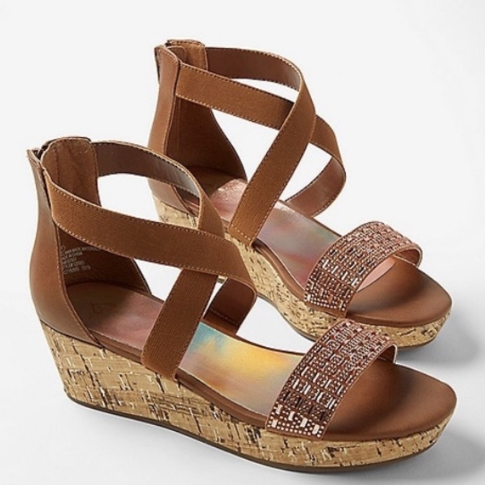 JUSTICE BRAND Girl's Rhinestone Wedge Brown Sandal